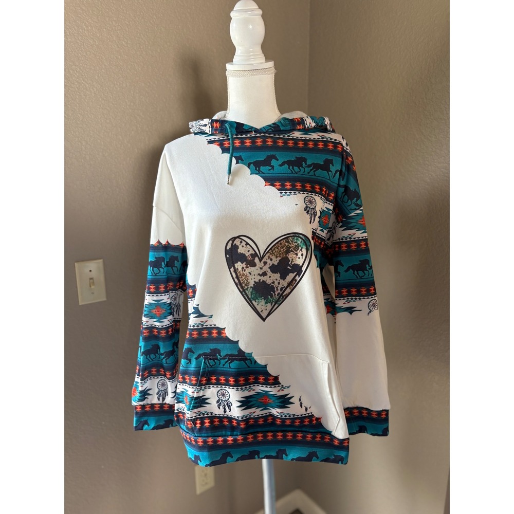 Womens XL Western Aztec Horse‎ Hoodie White Teal Cow Print Heart Pullover